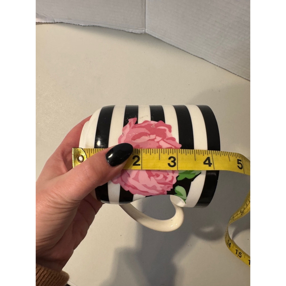 Betsey Johnson Black/Pink Striped Floral Mug with White Heart Shaped Handle - Picture 8 of 8